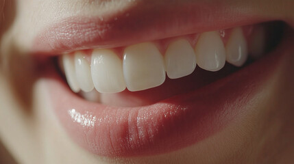 Obraz premium Close-up of beautiful white teeth with perfect and smooth edges, a slightly open mouth, a soft smile, video still.
