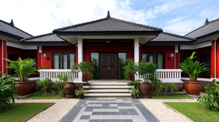 Obraz premium Elegant Modern Villa Entrance Tropical Setting Architecture Photography Lush Garden View
