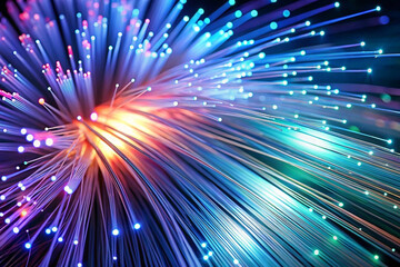 Glowing fiber optic strands burst from core, dark background, technology concept