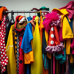  Colorful Clown Costumes and Accessories on a Rack, Playful and Whimsical Wardrobe