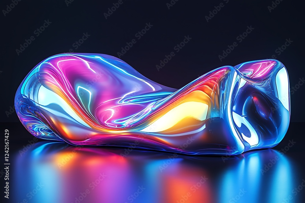 Poster a fluid iridescent 3d shape, reflecting light in multiple colors, rendered with a futuristic vibe an