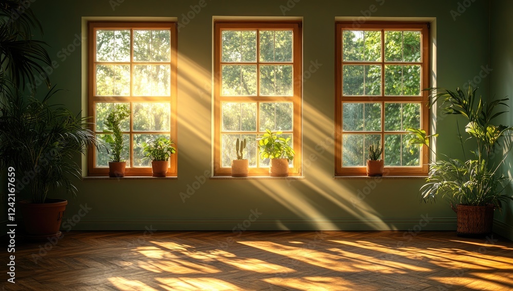 Poster sunlight streams through three large windows illuminating a room with potted plants on a hardwood fl