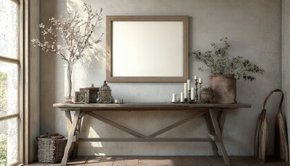 Rustic Interior Design with Vintage Decor and Blank Frame.