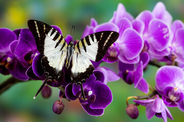 USA, Washington State, Sammamish. Tropical swallowtail butterfly on purple orchid.