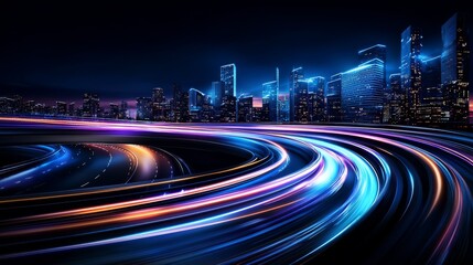 Dynamic Nighttime Traffic Flow Urban Cityscape Digital Art Futuristic Environment Low Angle View Motion Blur Effect