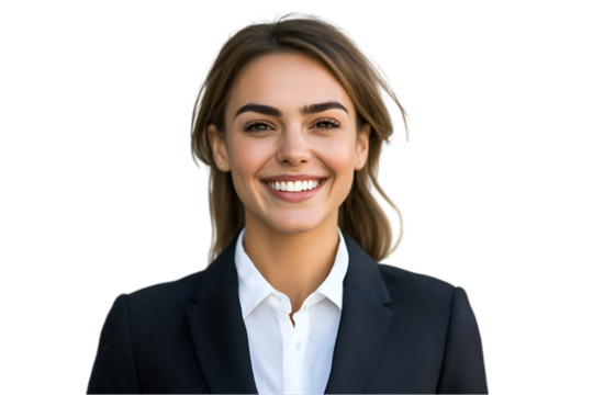 Portrait a smiling businesswoman manager in a suit, isolated on transparent background