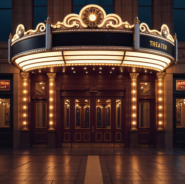 Grand Vintage Theater Entrance with Illuminated Marquee Lights at Night