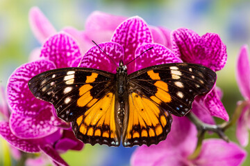 USA, Washington State, Sammamish. Tropical butterfly on flowering tropical orchid