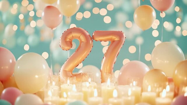 Celebrating a Special Occasion: A Festive Display of Balloons, Candles, and the Number 27 Against a Colorful Backdrop of Soft Lights for a Memorable Birthday Celebration