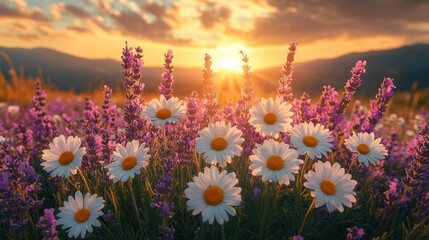 Sunset over field of daisies and lavender.