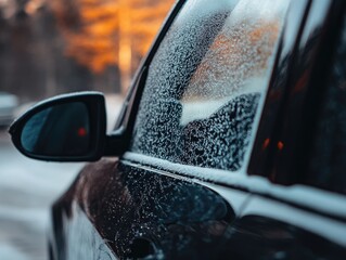 Frosty car window and side mirror in cold winter morning showing frozen patterns