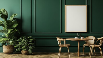 Elegant Green Dining Room Interior Design with Plants and Mockup Poster.