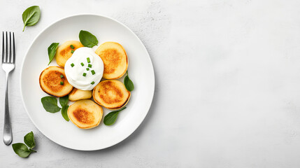 Golden-brown placki ziemniaczane with sour cream and chives served on a white plate in natural light from a top-down perspective