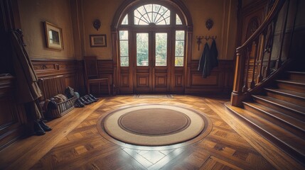 Obraz premium Grand entrance hall with wooden staircase, arched window, and parquet flooring.