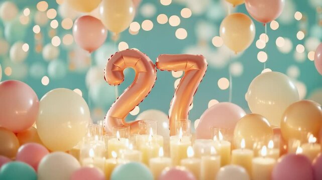 A Festive Celebration Setup Featuring Numbered Balloon Decorations, Soft Pastel Colors, and Warm Candlelight for a Special 27th Birthday Event