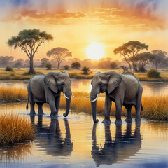 watercolor of a family of African elephants crossing a shallow, sparkling river in the Okavango Delta