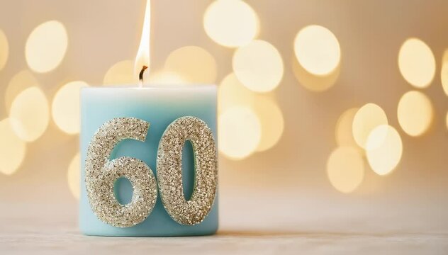 A Beautiful Light Blue Candle Celebrating 60 Years with Sparkling Silver Glitter Details and a Soft Bokeh Background Perfect for Birthdays or Anniversaries