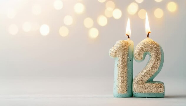 A Celebration of Youth: Sparkling Glittery Number 12 Birthday Candles Capturing the Joy of a Special Occasion with Beautiful Bokeh Background