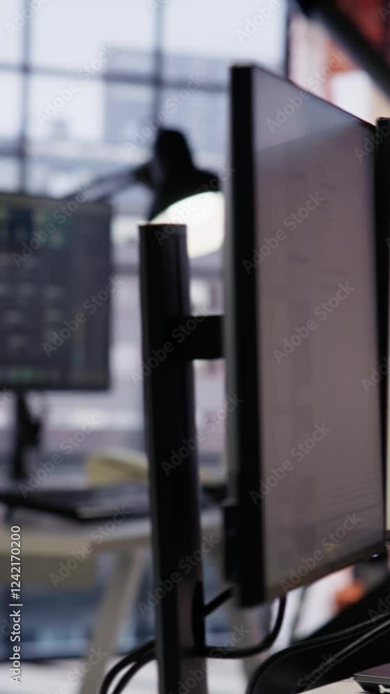 Poster vertical video pc in startup office used to design and implement algorithms enabling machine learnin