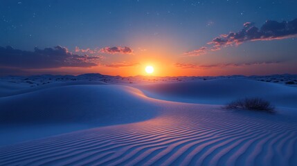 Vibrant sunset casting warm hues over rolling sand dunes in a desert landscape.