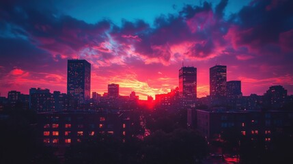 Fototapeta premium Vibrant sunset over a city skyline with skyscrapers and residential buildings.