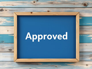 "Approved Wooden Frame Art - Bold White Letters on Blue Background"