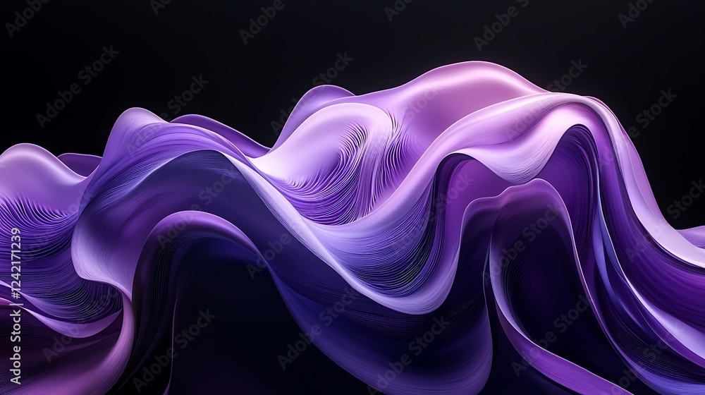 Poster a gentle gradient of purple flowing smoothly into curves, isolated on a black background, creating a