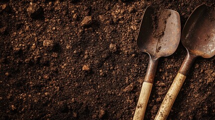 Two aged shovels rest on newly tilled soil following gardening in the yard