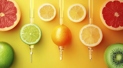 Possibly indicating the benefits of vitamin c or genetic modification, syringes injecting citrus fruit
