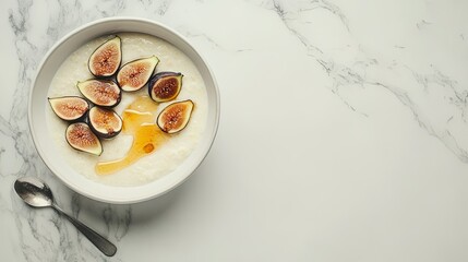 Minimalist aesthetic with a white bowl of semolina porridge, sliced figs, honey drizzle, and a silver spoon on a marble background