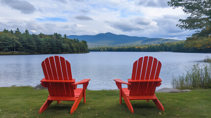 Fototapeta premium Lakeview with chairs. Adirondack chairs in the garden, park, outdoor with serene atmosphere 