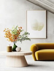 Modern Interior, Cozy Sofa With Decorative Table, Artistic Floral Arrangement, Minimalist Home Design Context