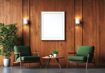 Mid-century modern interior with green armchairs, wooden wall, and blank frame.