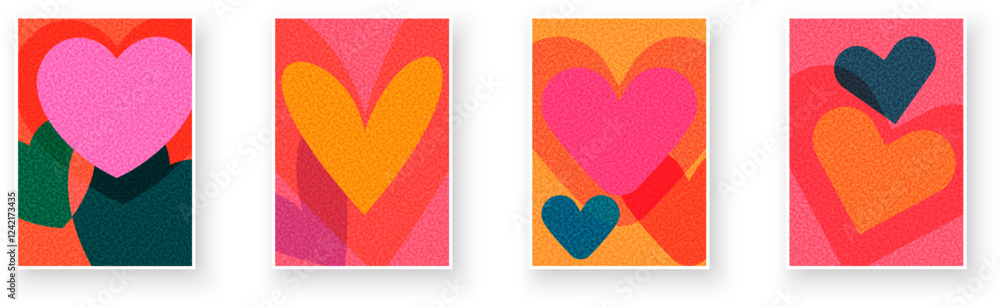 Poster overlapping vibrant heart shapes in bold colors create a playful and romantic vector illustration fo