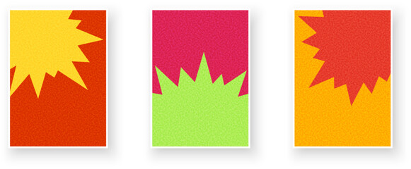 Three striking starburst patterns in yellow, red, pink, and green with textured, vibrant backgrounds. Vector illustration.