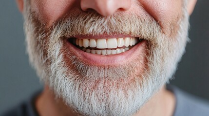 Obraz premium Close-up of a smiling senior man with a white beard showing his perfect white teeth