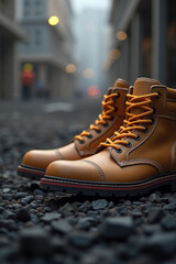 Manufacturing worker tying the shoelaces on his work bootsindustry