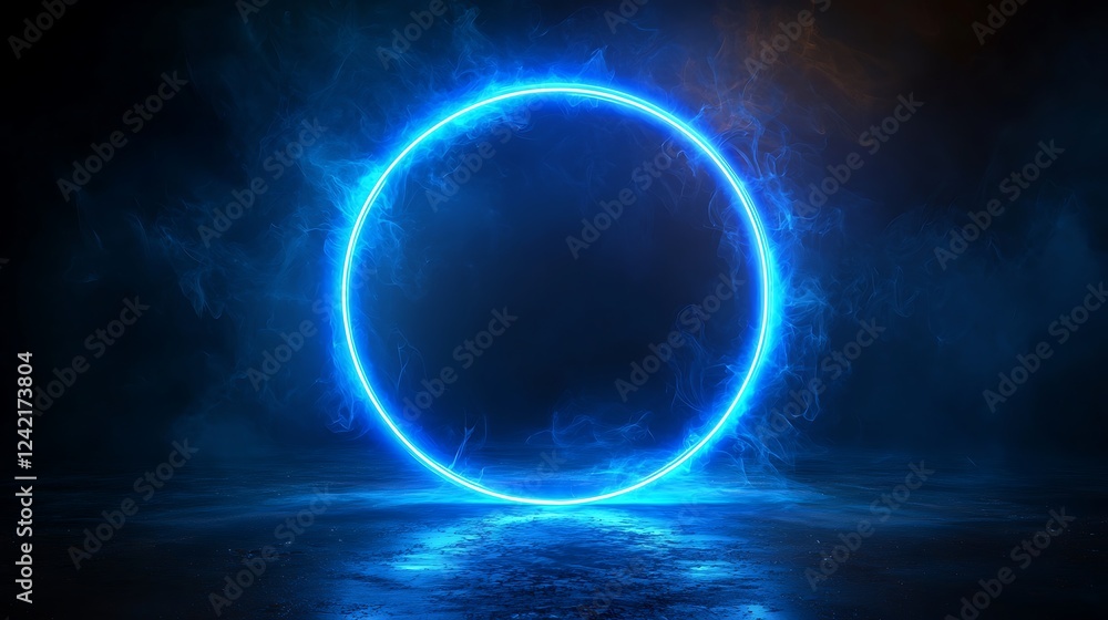 Poster a glowing blue circular light frame on a dark background, offering a futuristic placeholder design e