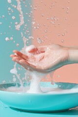 Fototapeta premium Woman creates soap suds and splashes while washing her hands against a two-toned background