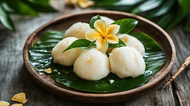 Traditional Med Kanoon desserts served on a banana leaf-lined plate, garnished with pandan leaves and tropical flowers for a festive look.