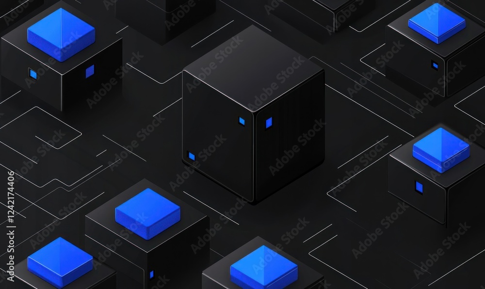 Poster abstract dark background with black cubes and blue tops, representing digital data network.