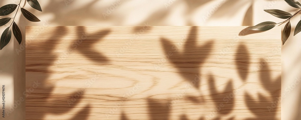 Aufkleber sunlight creating a beautiful backdrop with leaf shadows on a wooden table