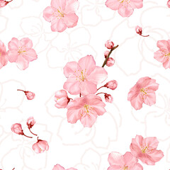 Pink cherry blossom flower with outline seamless pattern isolated on white background. Watercolor pattern for paper, fabric and others.