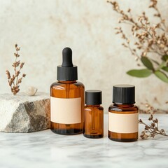 Stylish amber glass bottles on a marble surface, perfect for essential oils or skincare products in a modern aesthetic.