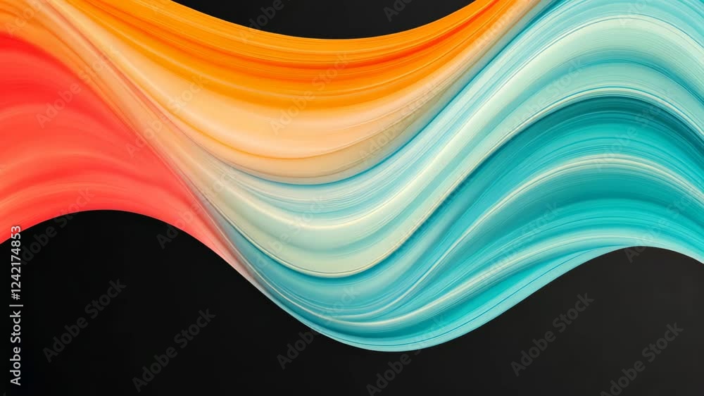 Poster vibrant orange and teal psychedelic gradient with grainy texture flowing across black background in 