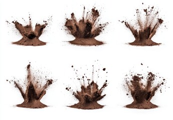 Cocoa powder explosion bursts; studio; white background; food design
