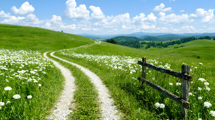 Winding country road through daisy field, hills, blue sky. Use travel brochure