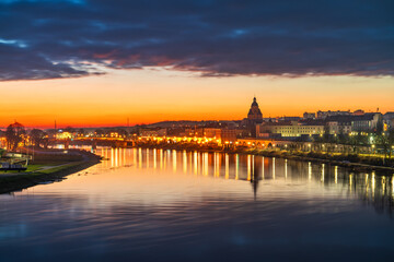 Fototapeta premium Gorzow Wielkopolski city skyline overlooking St. Mary's church tower at sunset. Poland