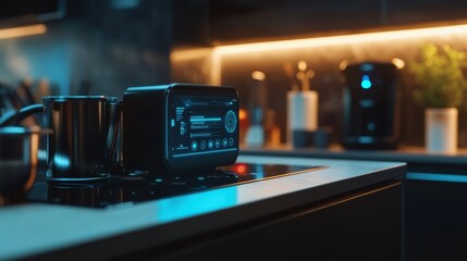 A medium closeup of an AI assistant embedded in a futuristic kitchen setting displaying a recipe on its screen. The background is filled with hightech appliances and a softly glowing