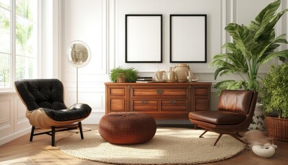Elegant Living Room Interior Design: Mid-Century Modern Chairs, Wooden Cabinet, and Plants.